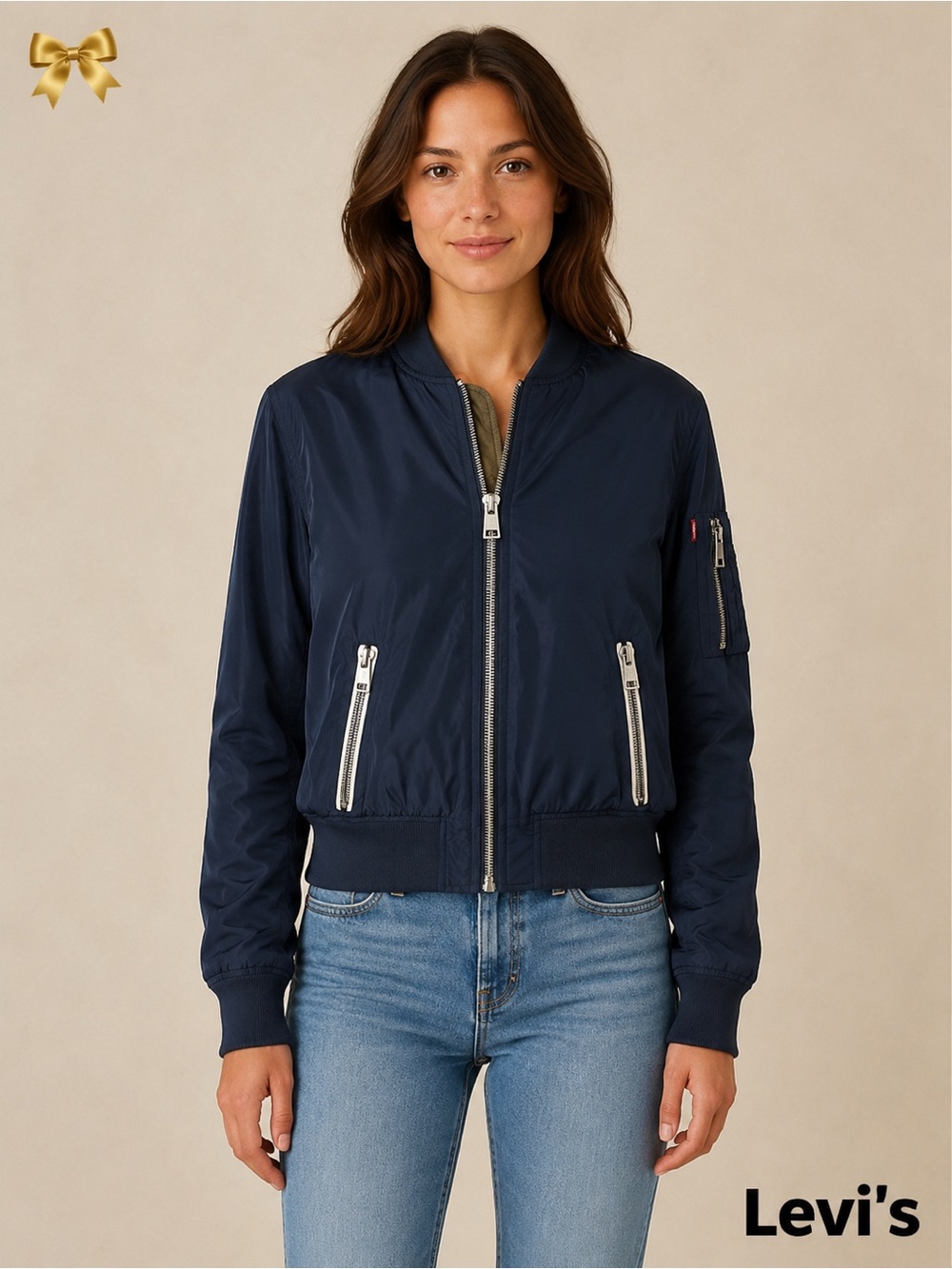 LEVI'S Women's Flight Navy Blue Bomber Jacket Front Zippers L21607 Size XS